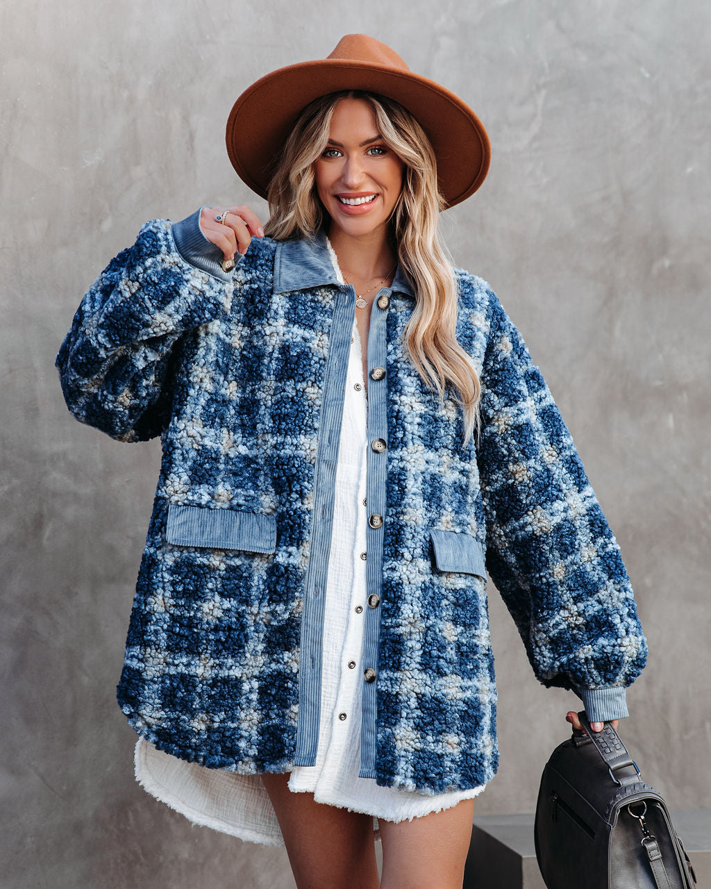 Blue Alaska Plaid Pocketed Teddy Jacket