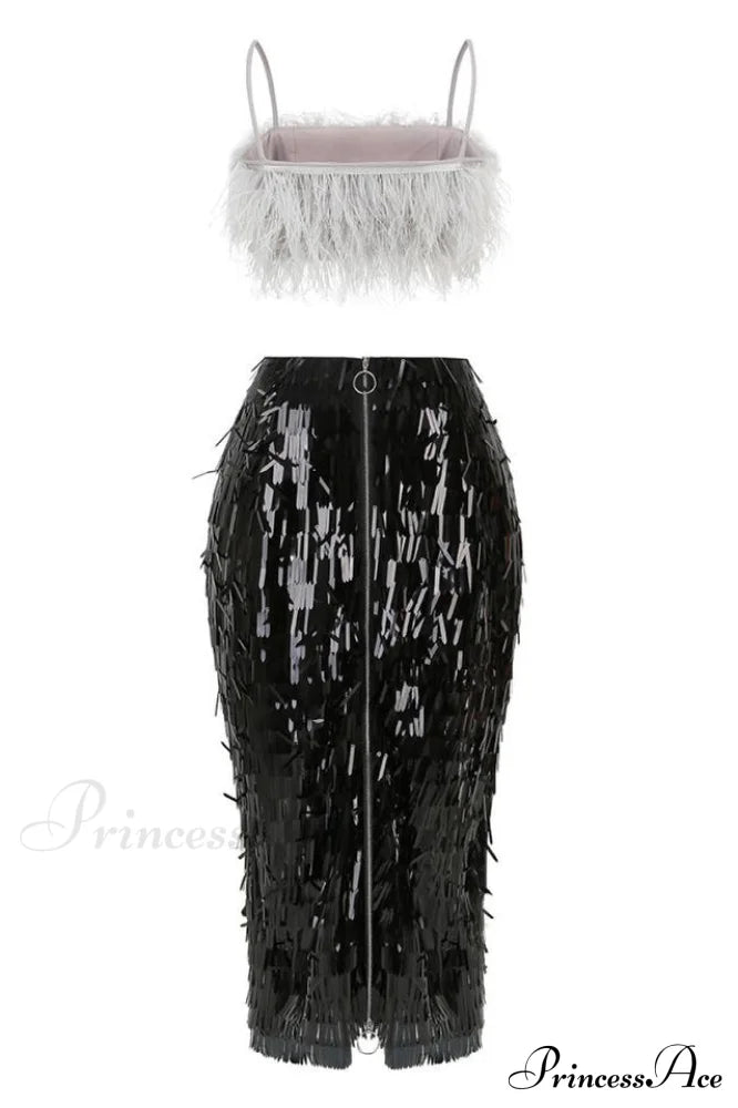 Aleyna Feather Top Charming + Sequin Skirt Set
