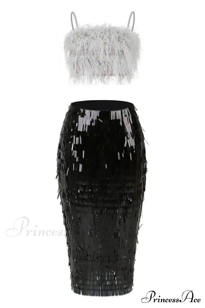 Aleyna Feather Top Charming + Sequin Skirt Set