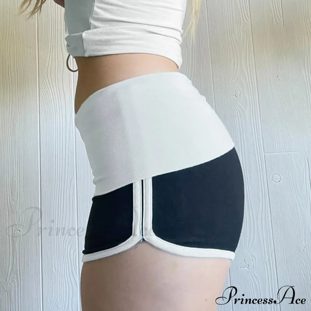 All In Skinny High Waisted Tight Fitting Color Contrast Peach Hip Lift Stretch Yoga Pants Short