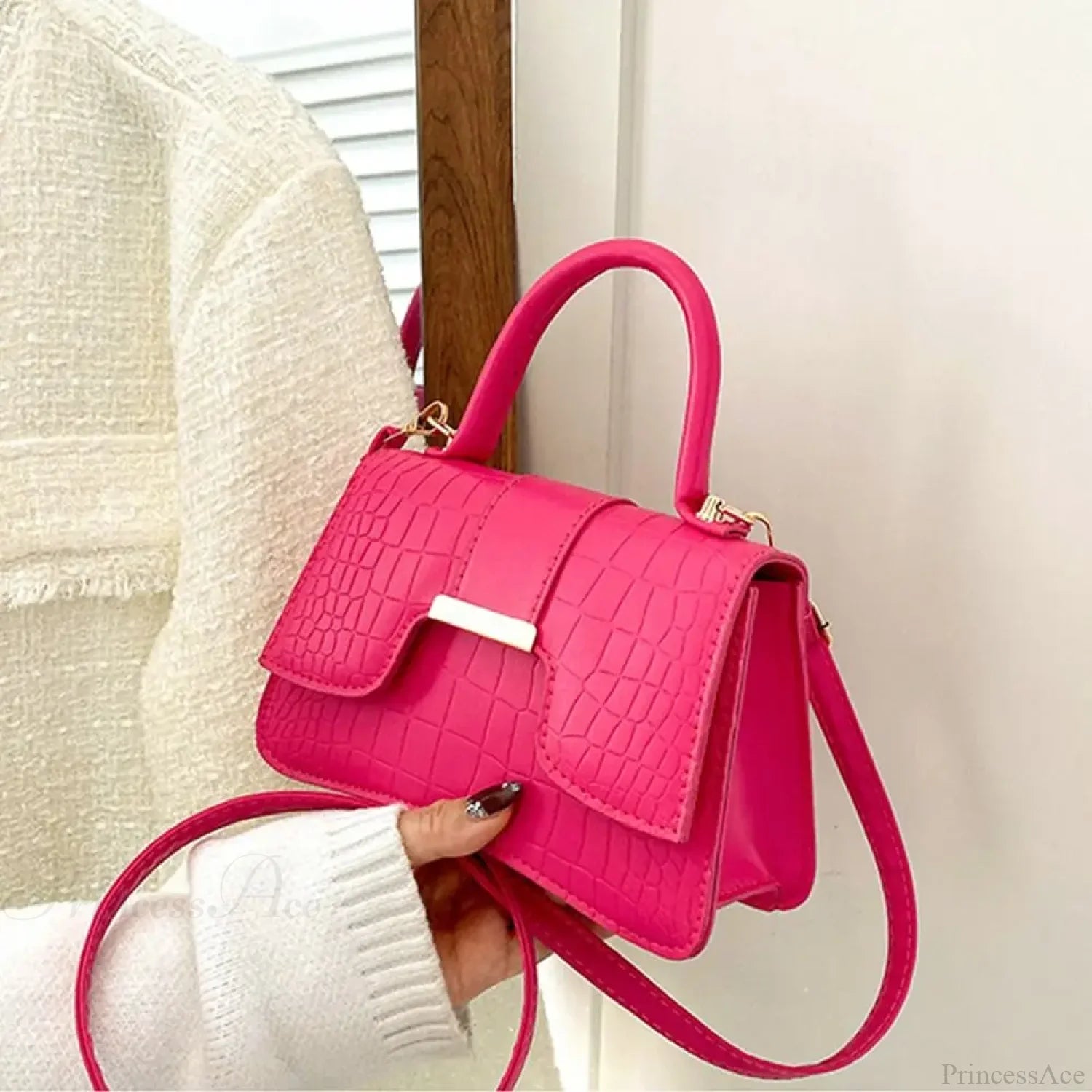 Alligator Pattern Small Square Vintage PU Leather Crossbody Handbag Rose Red handbag-250126