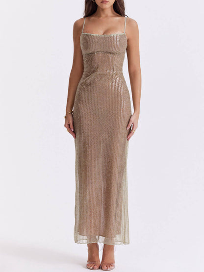 Cafe Au Lait Charming Beaded Maxi Dress