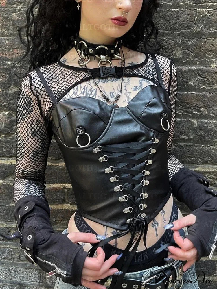 Alt Goth Cyberpunk Pu Bandage Corset Crop Top Black / S Halloween