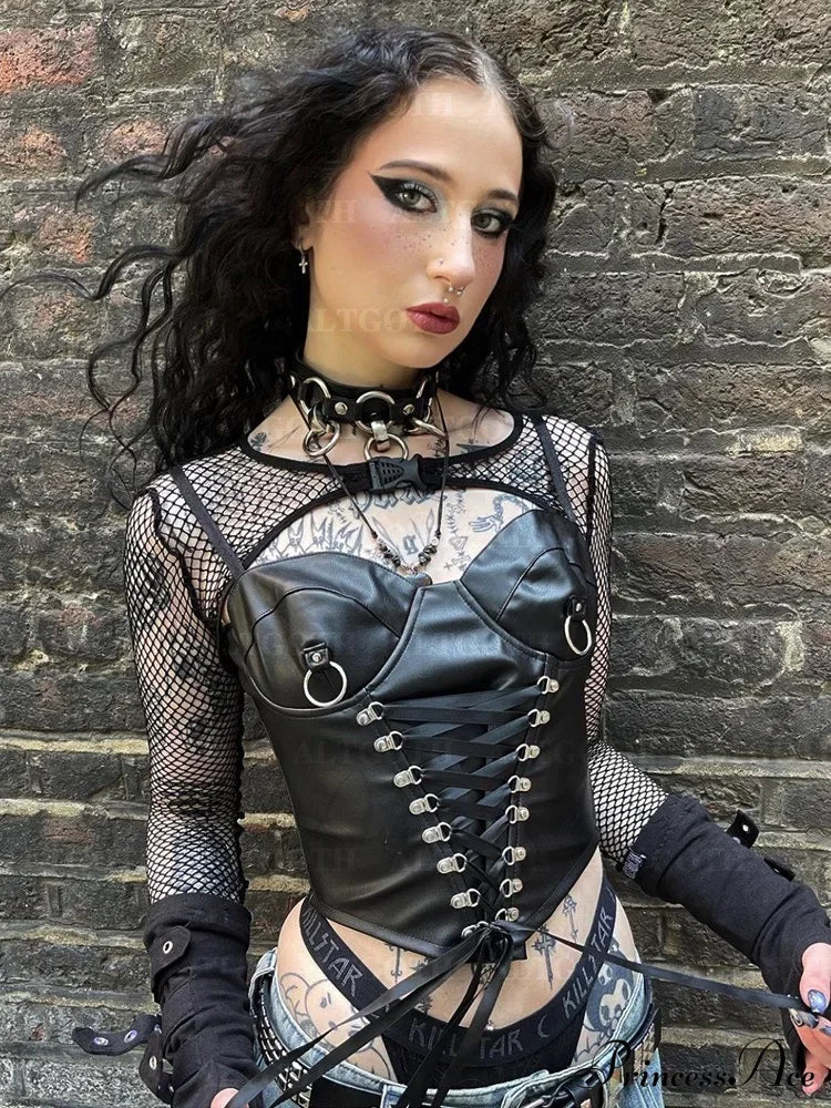 Alt Goth Cyberpunk Pu Bandage Corset Crop Top Halloween