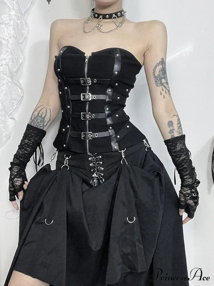 Alt Goth Gothic Pu Patchwork Zipper Harajuku Crop Top Halloween