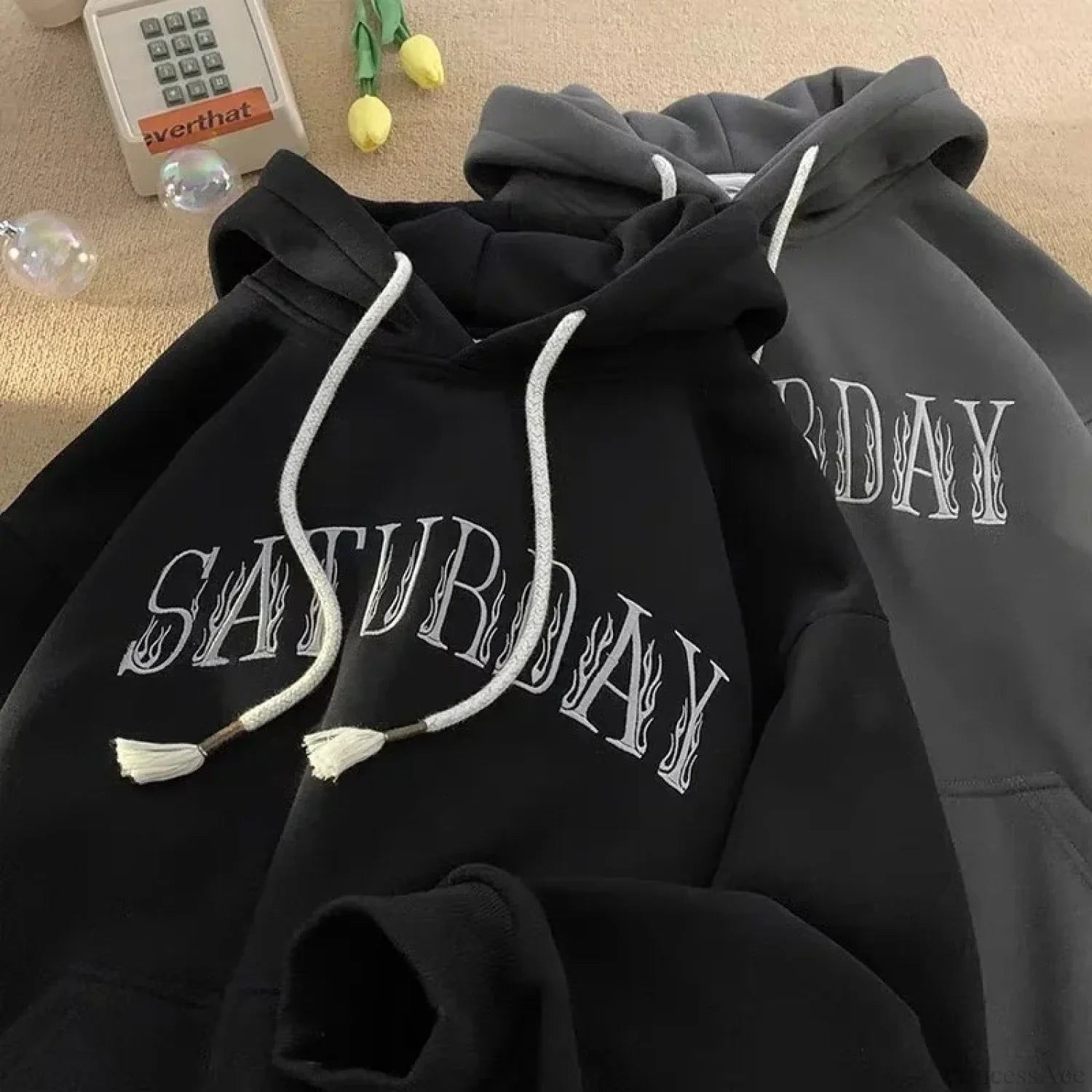 American Flame Print Fleece Y2K Hoodie