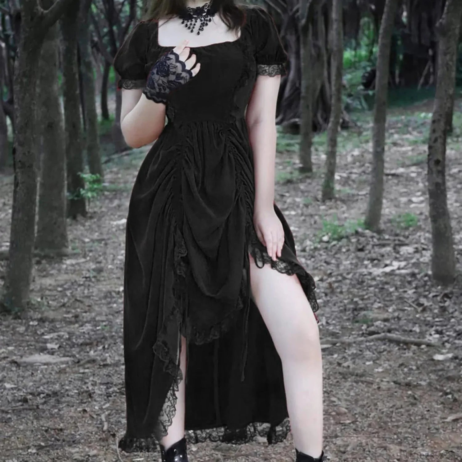 Ancient Lace Stitching Vintage Midi Dress Black / S