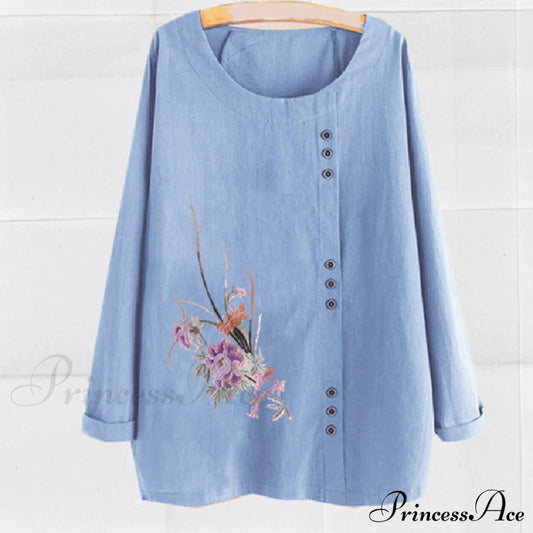 【Cotton And Linen】Casual Floral Print Blouse Blue clothes Cotton and Linen Plus Size tops