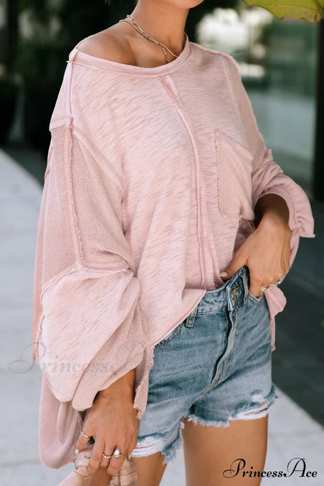 And Top Chest Exposed Pocket Loose Seam Oversized With Pink Sleeves Tops