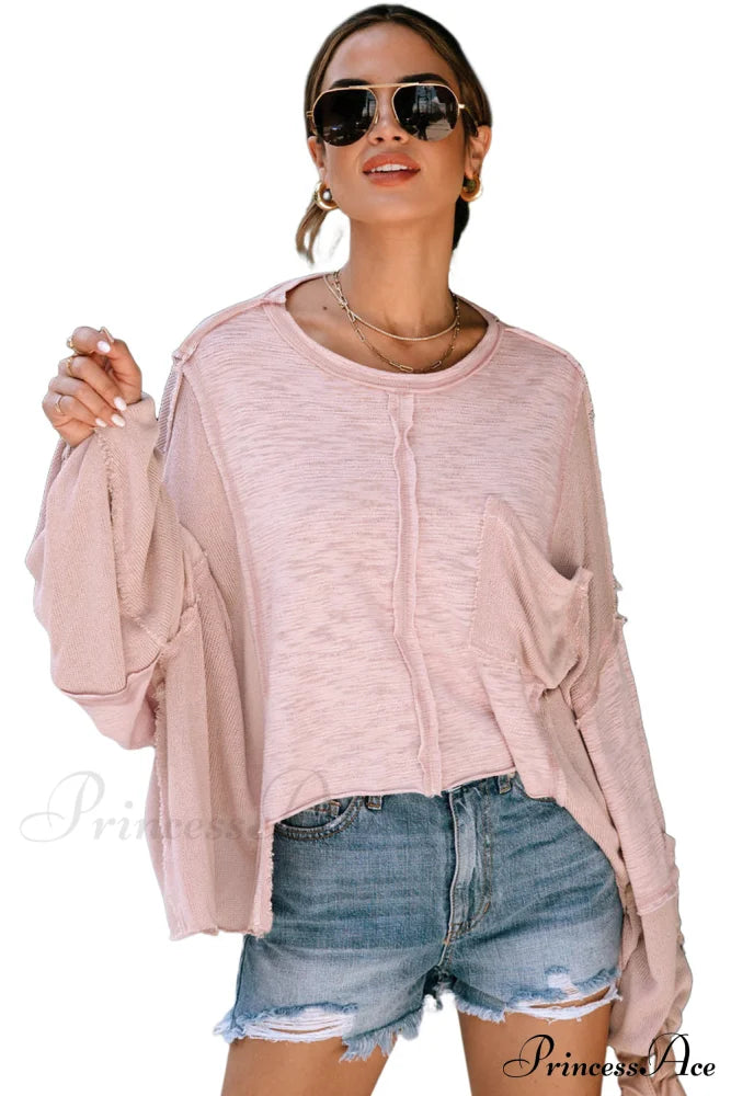 And Top Chest Exposed Pocket Loose Seam Oversized With Pink Sleeves Tops