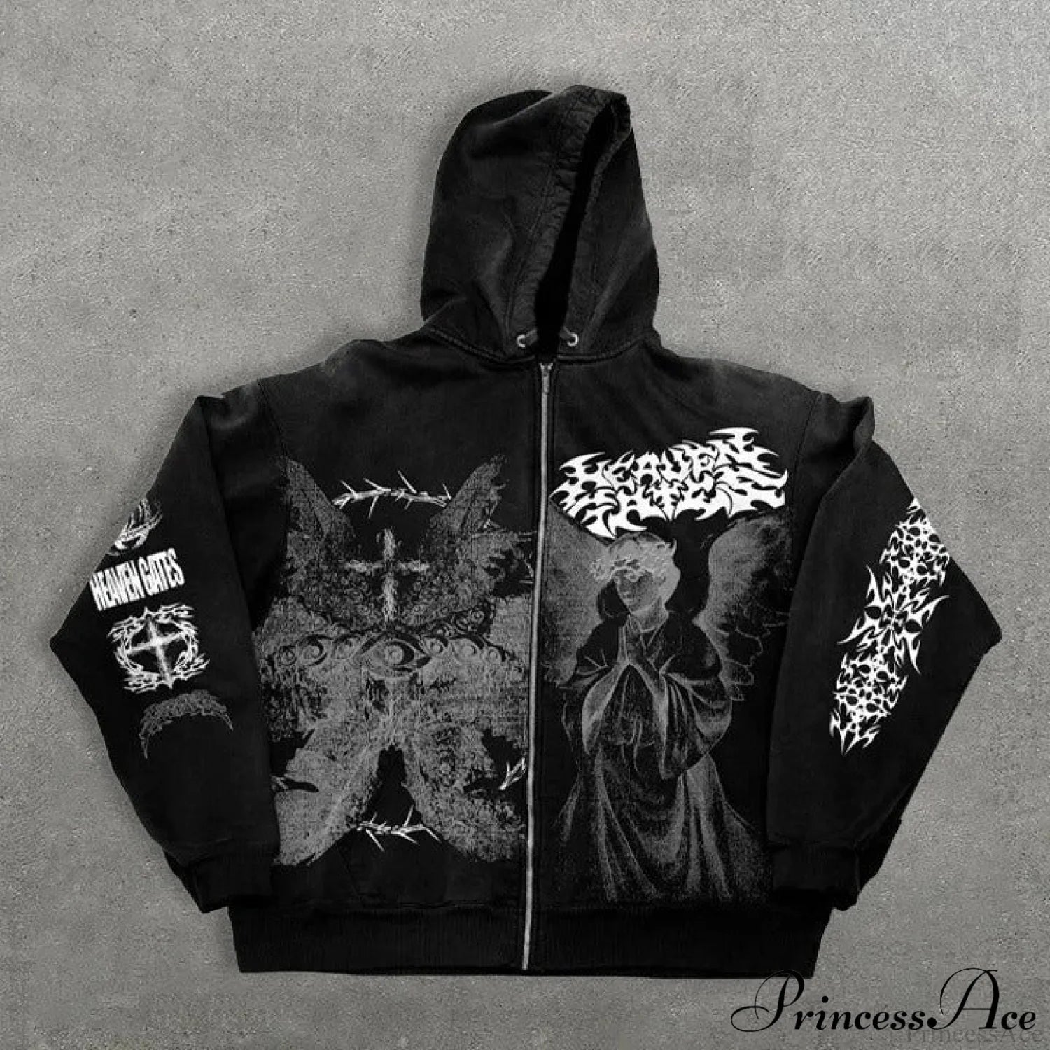Angel Print Y2K Zip Loose Hoodie Black / XS