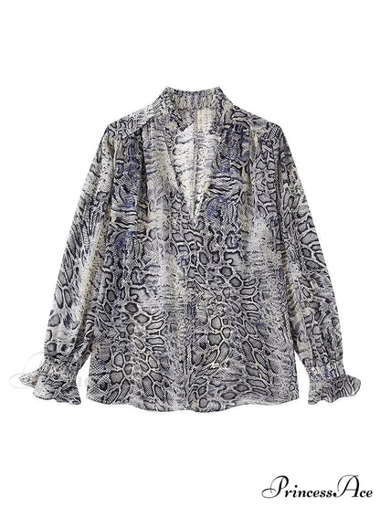 Animal Printed Long Sleeve V-Neck Blouse