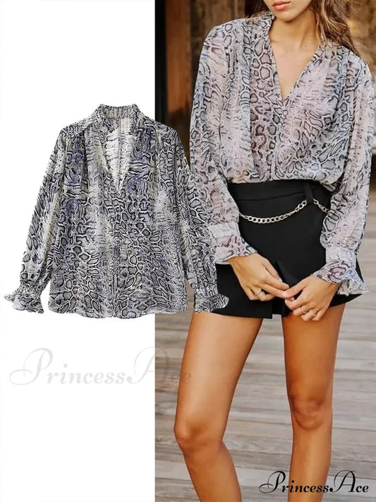 Animal Printed Long Sleeve V-Neck Blouse