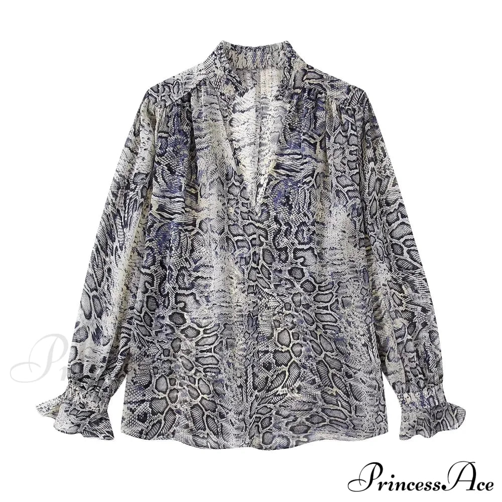 Animal Printed Long Sleeve V-Neck Blouse Grey / Xs