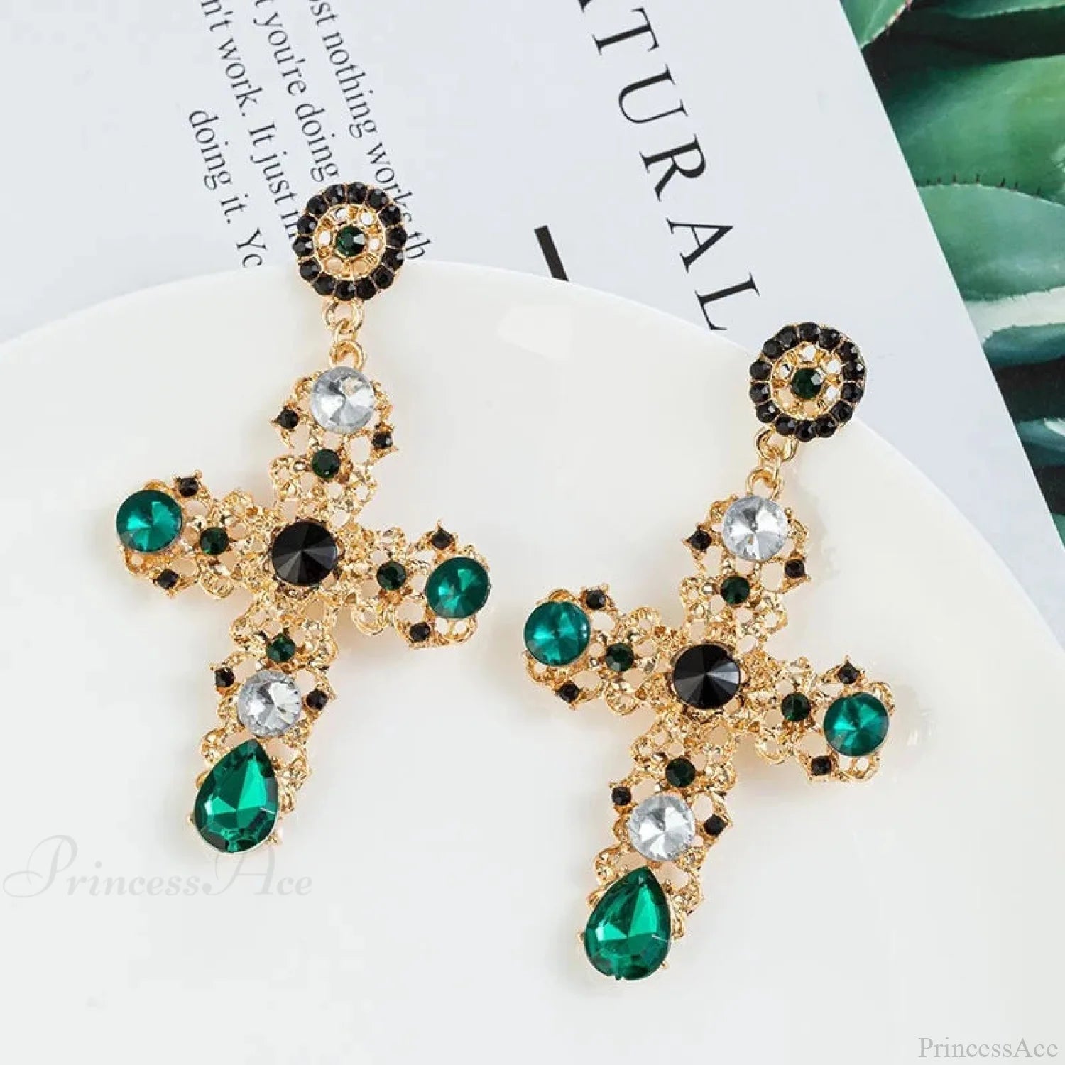 Antique Crystal Cross Baroque Dangle Earring Green