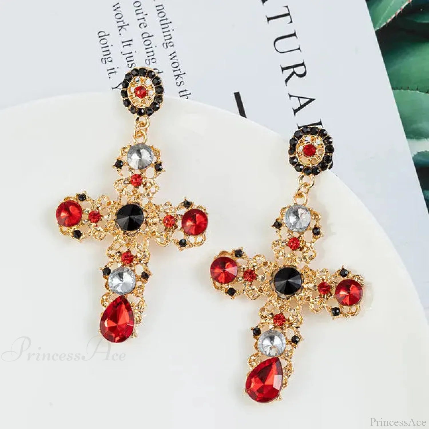 Antique Crystal Cross Baroque Dangle Earring Red