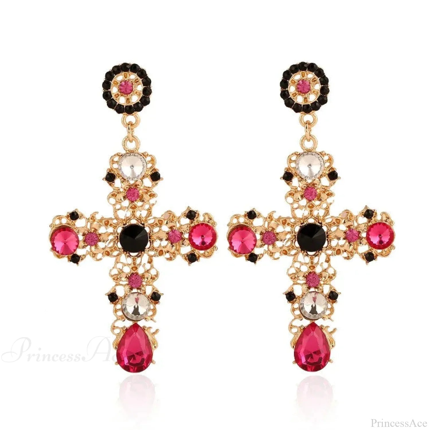 Antique Crystal Cross Baroque Dangle Earring Rose Red