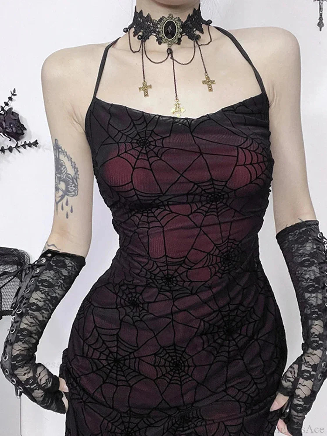 Antique Gloomy Arachnid Net High Waist Full-Length Dress