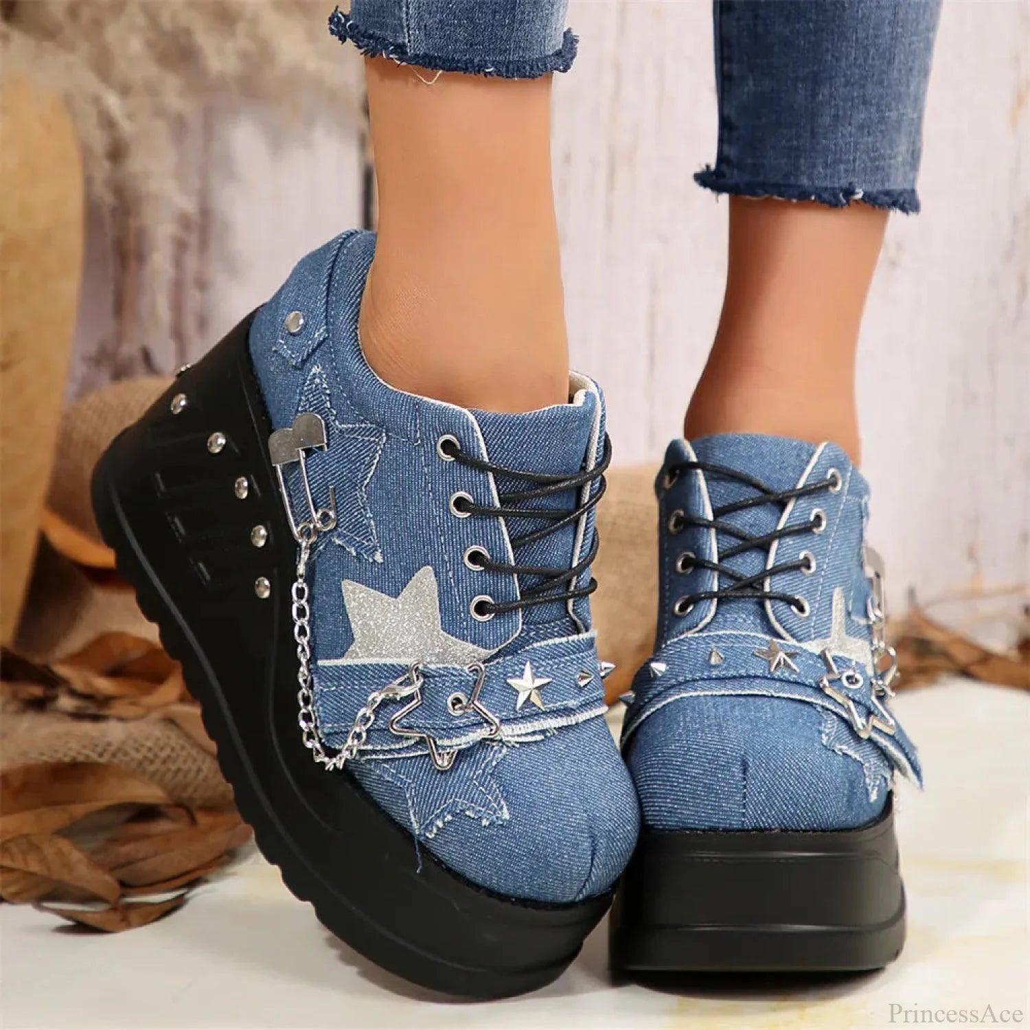 Antique Gothic Lace-Up Elevated Sneaker blue style3 / CN35 (foot22cm)