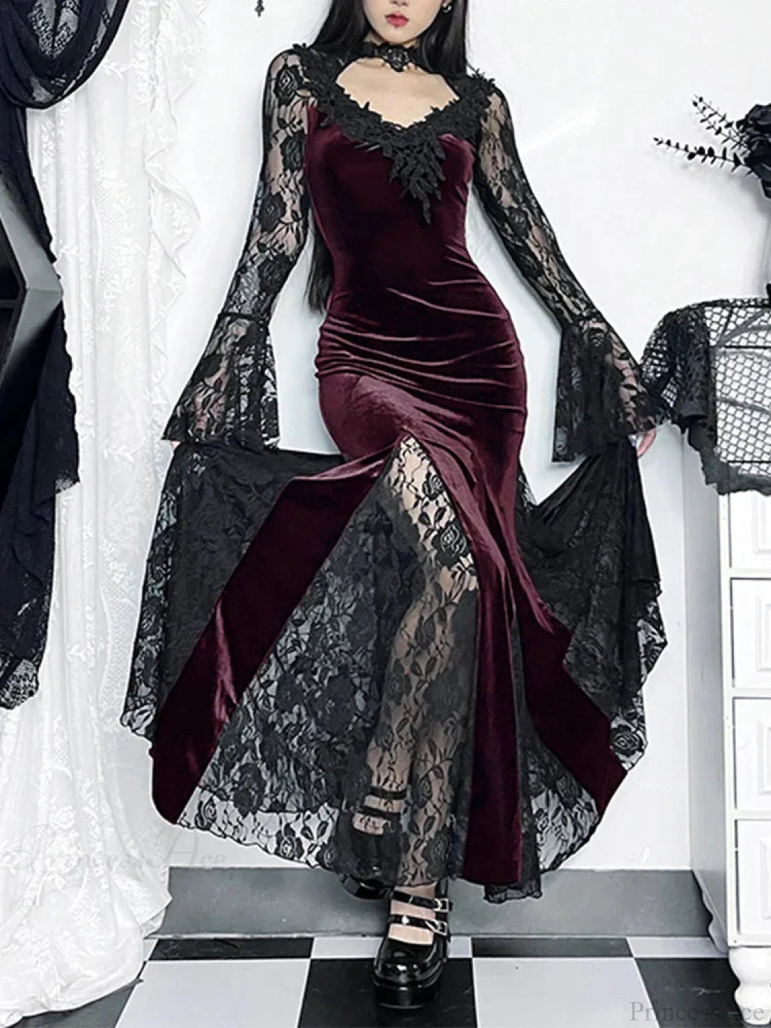 Antique Lace Flare Sleeve Midi Dress RedWine / S