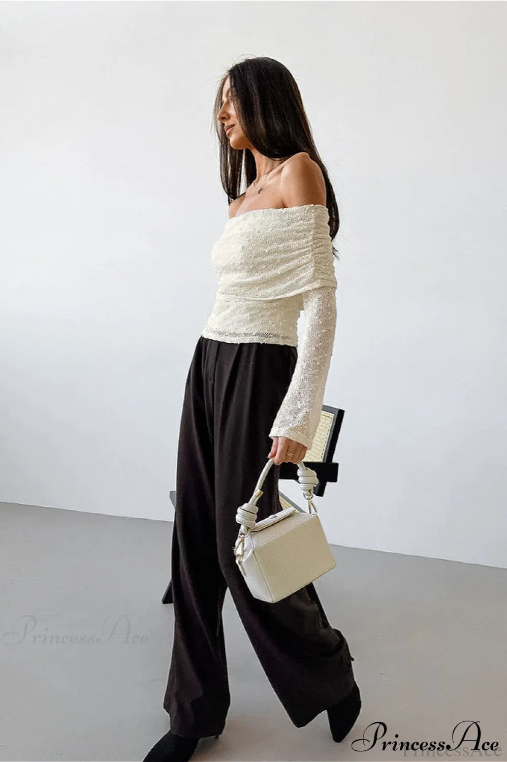 Apricot Off Shoulder Lace Knit Long Sleeve Tee