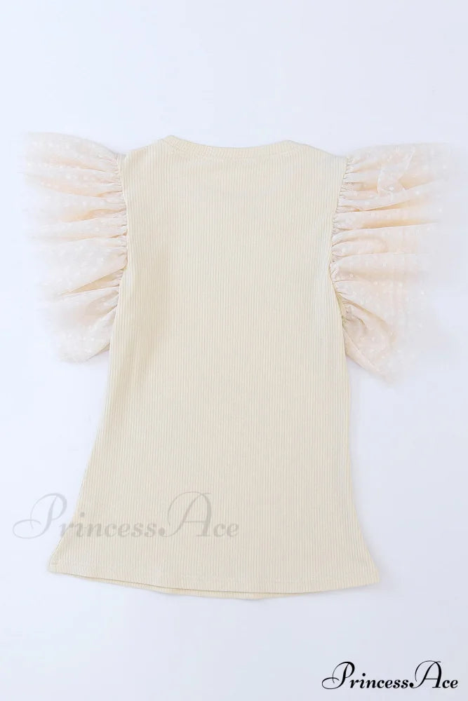 Apricot Ruffle Mesh Ribbed Knit Arm Top Tops