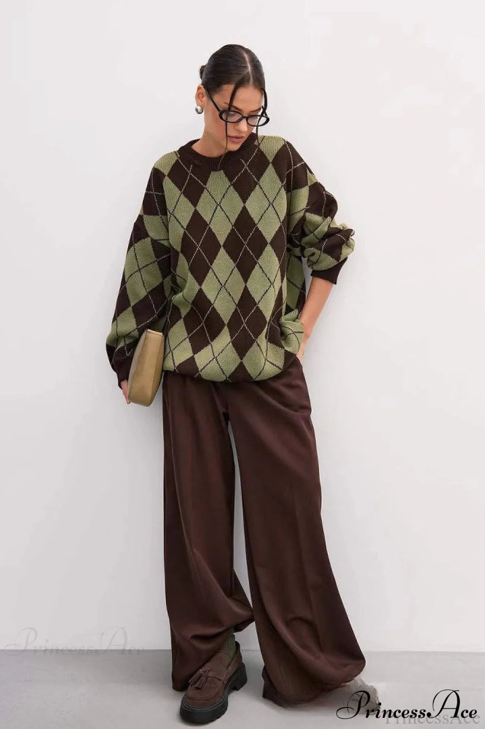 Argyle Crew Neck Oversized Pullover Sweater