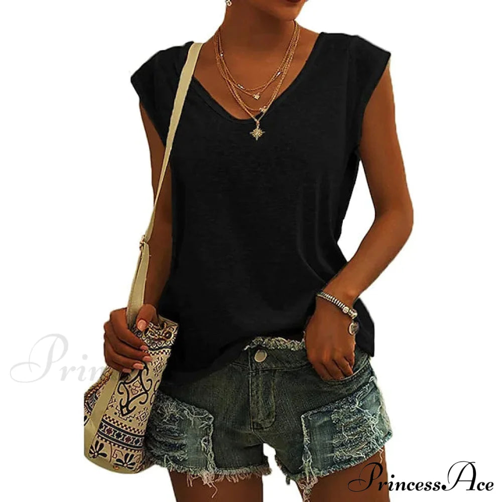 Women's Cap Sleeve T-Shirt Casual Loose Fit Tank Top Black __stock:200 clothes refund_fee:1200 tops