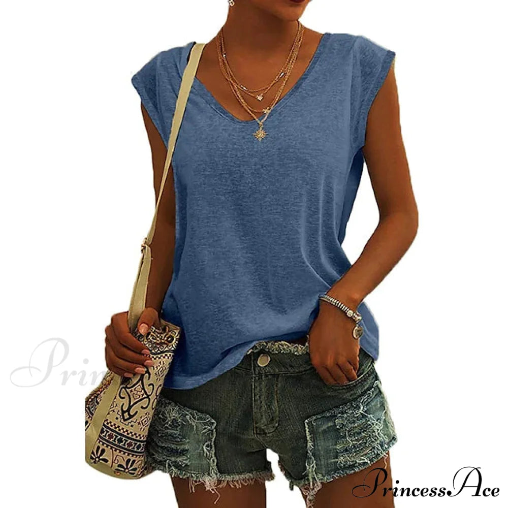 Women's Cap Sleeve T-Shirt Casual Loose Fit Tank Top Blue __stock:200 clothes refund_fee:1200 tops