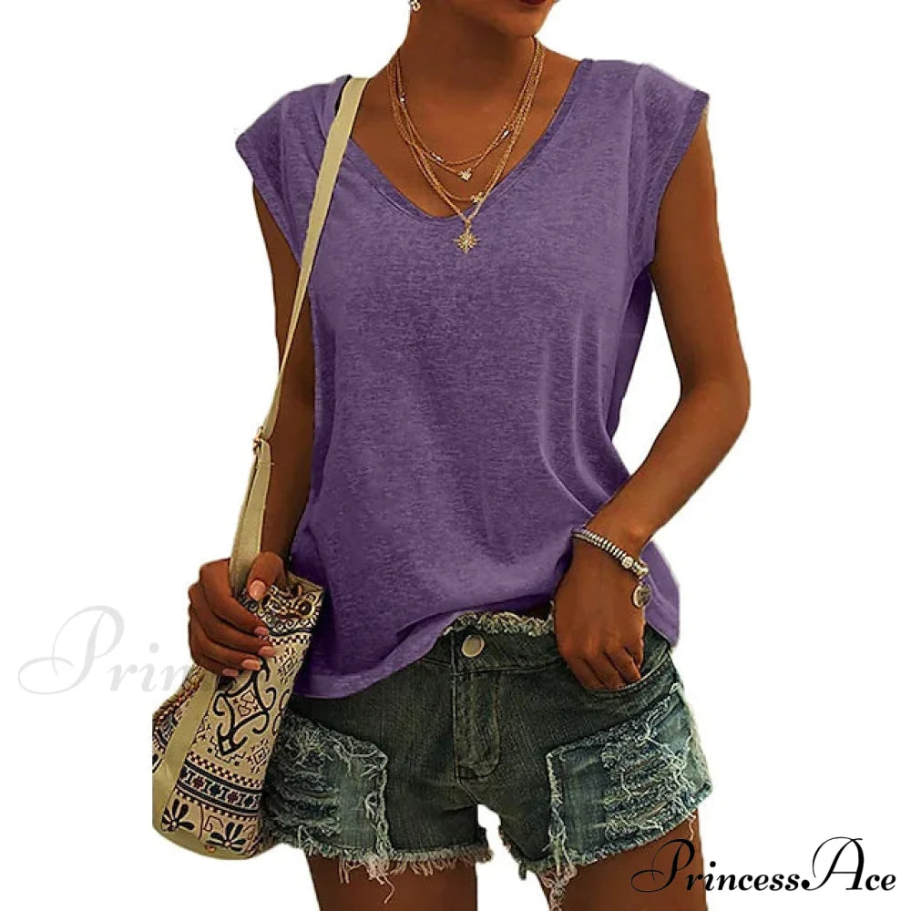 Women's Cap Sleeve T-Shirt Casual Loose Fit Tank Top Purple __stock:200 clothes refund_fee:1200 tops