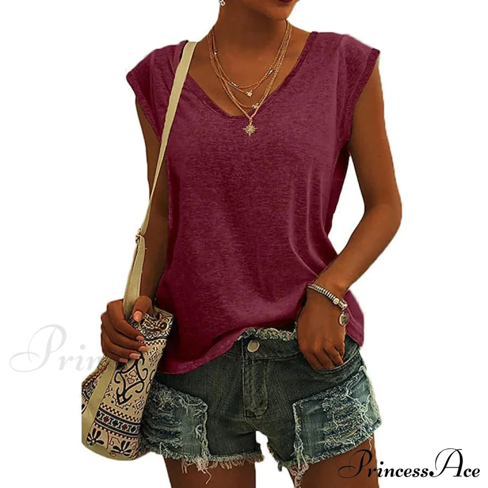 Women's Cap Sleeve T-Shirt Casual Loose Fit Tank Top Wine Red __stock:200 clothes refund_fee:1200 tops