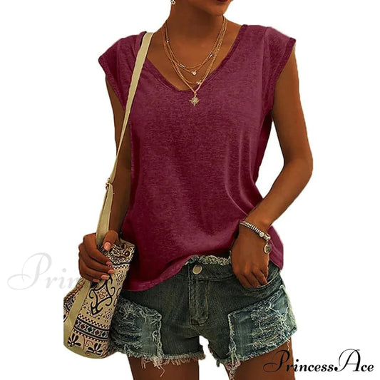 Women's Cap Sleeve T-Shirt Casual Loose Fit Tank Top Wine Red __stock:200 clothes refund_fee:1200 tops