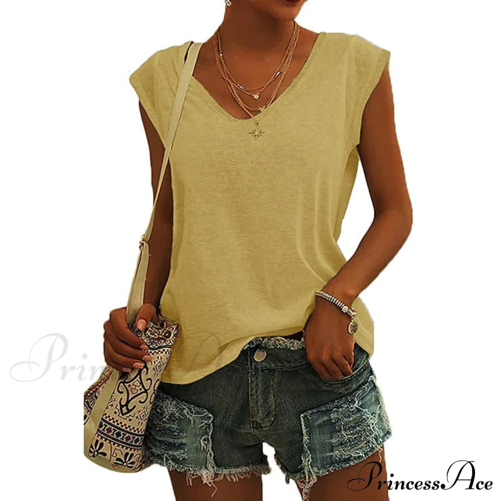 Women's Cap Sleeve T-Shirt Casual Loose Fit Tank Top Yellow __stock:200 clothes refund_fee:1200 tops