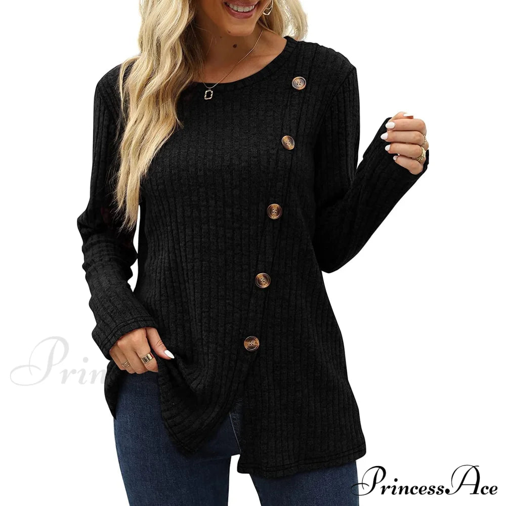 Arm Crew For Top With Neck Buttons Side Long Tunic Women