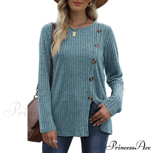 Women's Long Sleeve Crew Neck Tunic Tops Buttons Side Blue __stock:200 clothes refund_fee:1200 tops