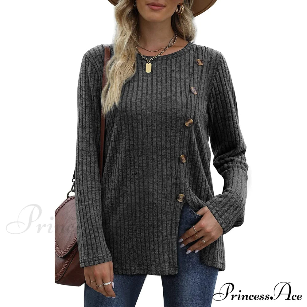 Women's Long Sleeve Crew Neck Tunic Tops Buttons Side Dark Gray __stock:200 clothes refund_fee:1200 tops