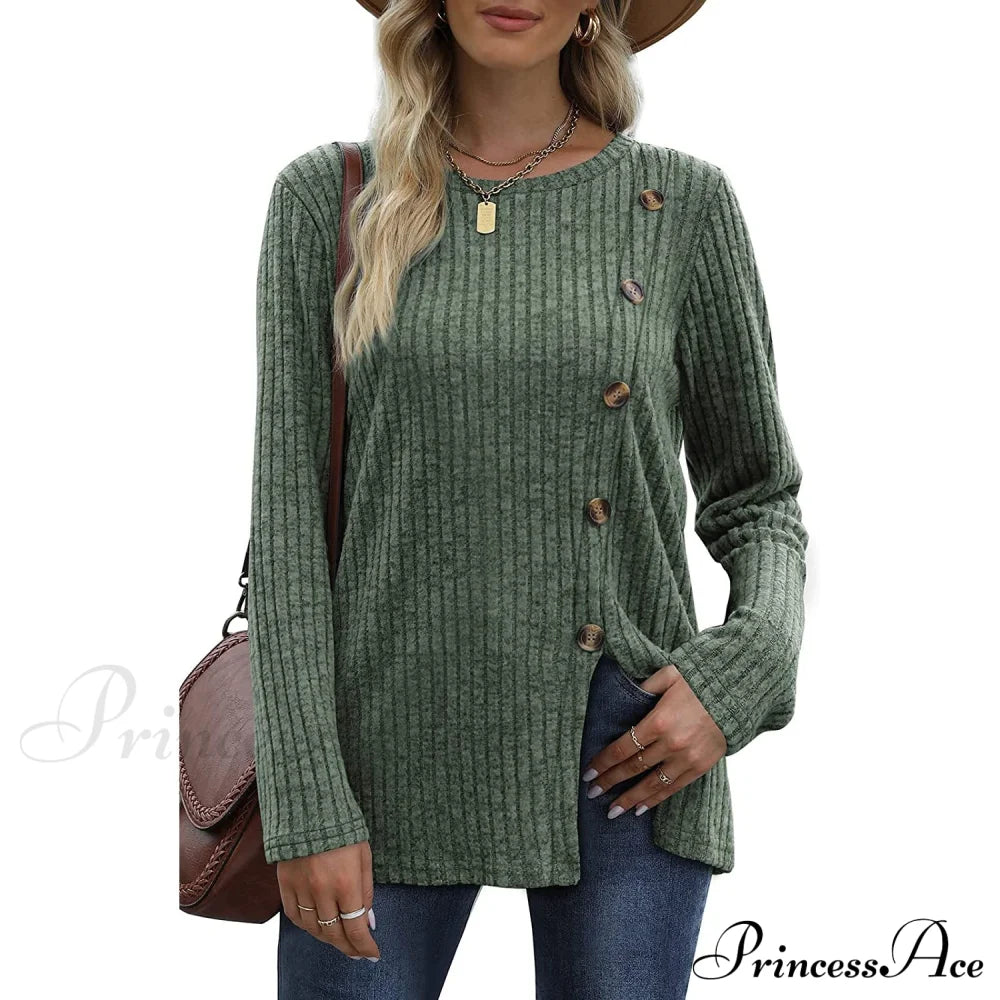 Women's Long Sleeve Crew Neck Tunic Tops Buttons Side Green __stock:200 clothes refund_fee:1200 tops