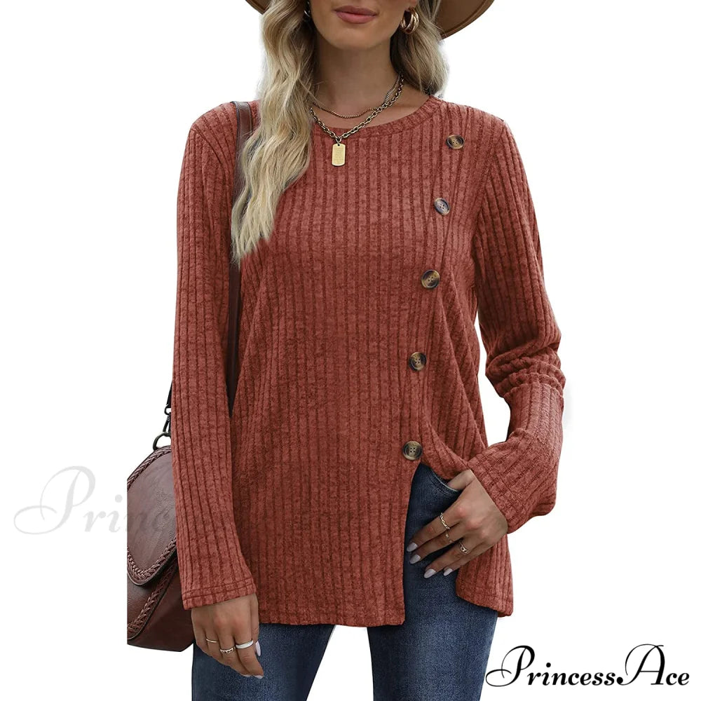 Women's Long Sleeve Crew Neck Tunic Tops Buttons Side Orange __stock:200 clothes refund_fee:1200 tops