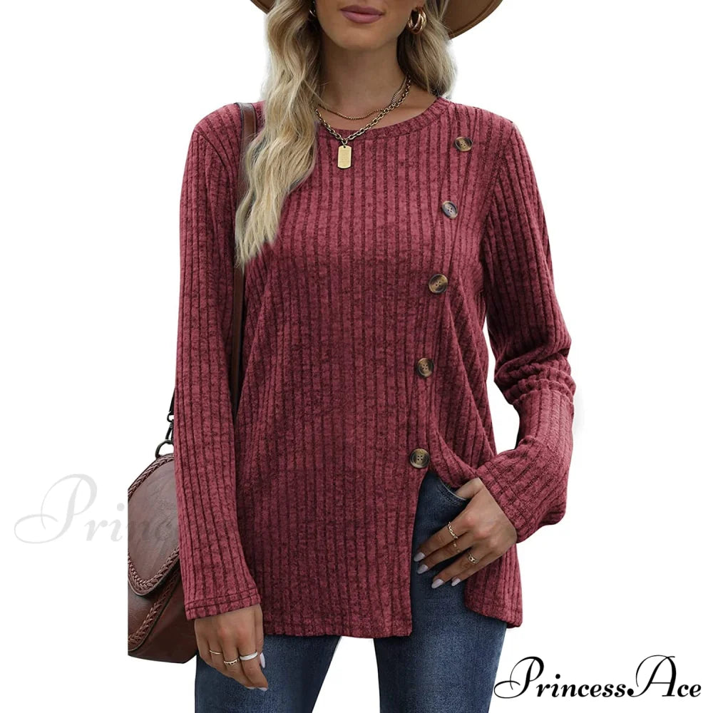 Women's Long Sleeve Crew Neck Tunic Tops Buttons Side Red __stock:200 clothes refund_fee:1200 tops