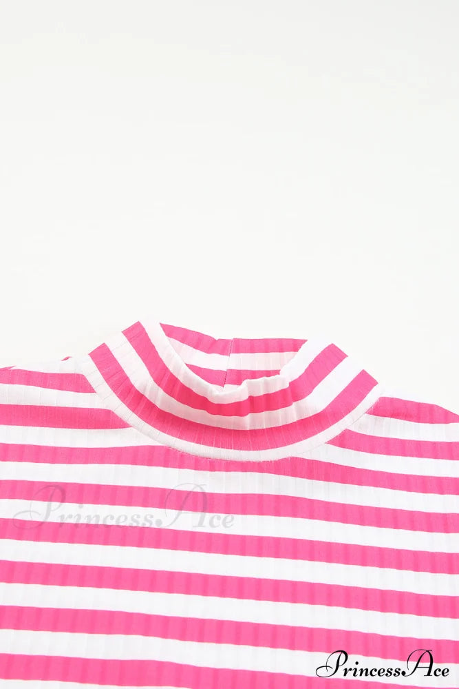 Arm Design Long Textured Pink Knit Striped Tee Tops