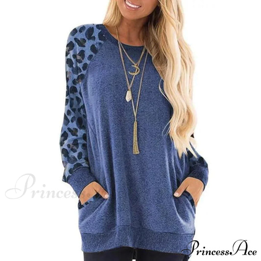 Haute Edition Women's Ultra Soft Long Sleeve Pullover Sweatshirt Leopard Design Blue __label1:BOGO FREE __stock:50 Clearance clothes refund_fee:1200 tops