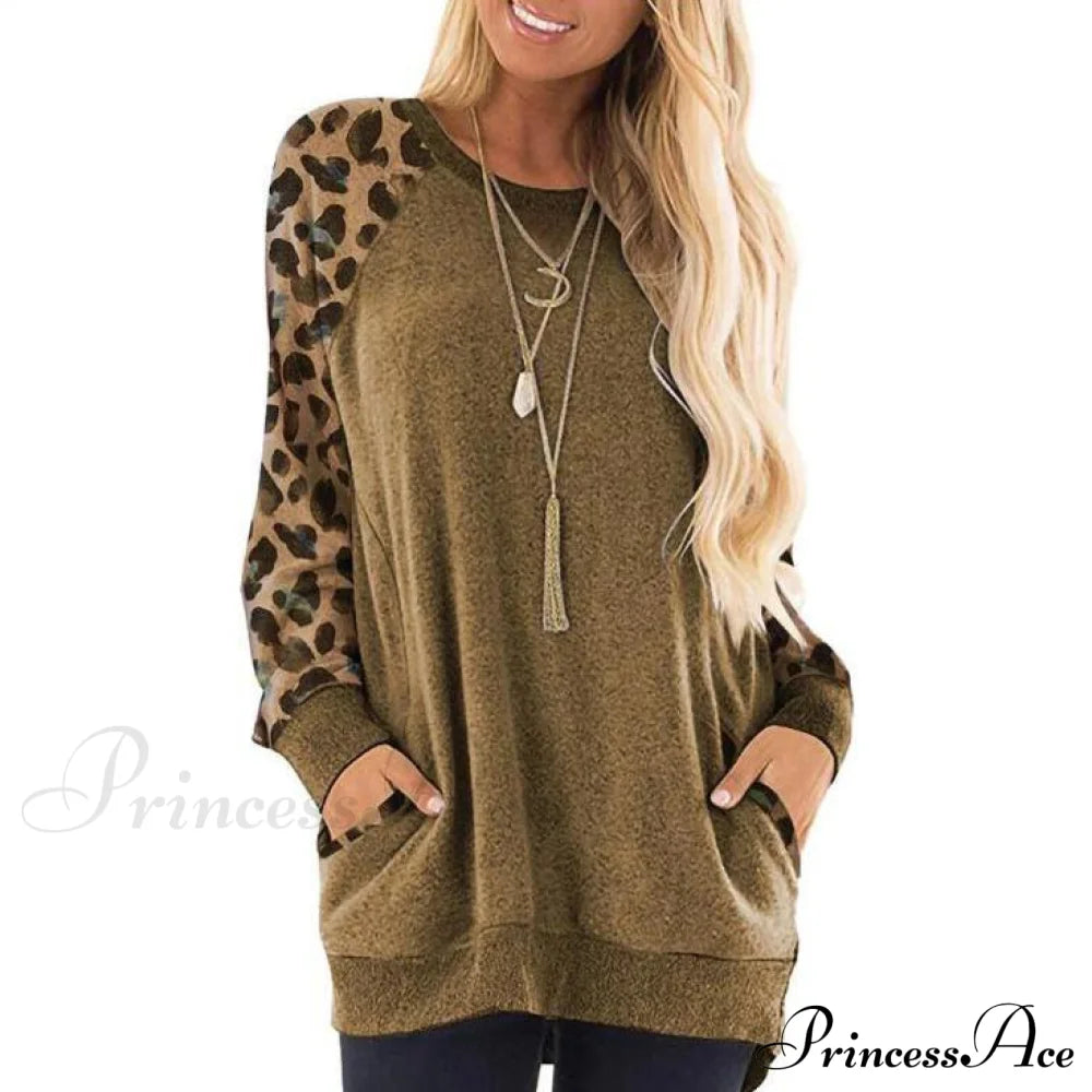 Haute Edition Women's Ultra Soft Long Sleeve Pullover Sweatshirt Leopard Design Khaki __label1:BOGO FREE __stock:50 Clearance clothes refund_fee:1200 tops