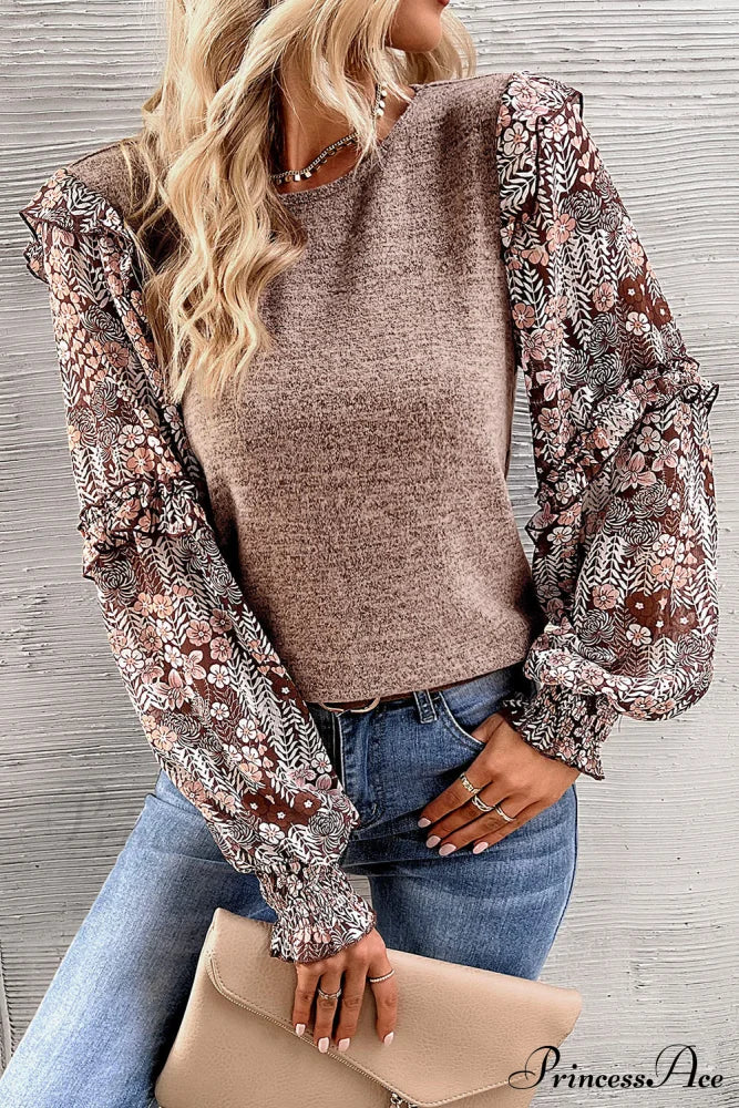 Arm Flowered Blouse Tiered Neck Pale Ruffle Crew In Chestnut Tops