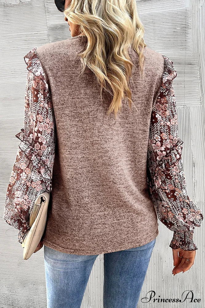 Arm Flowered Blouse Tiered Neck Pale Ruffle Crew In Chestnut Tops