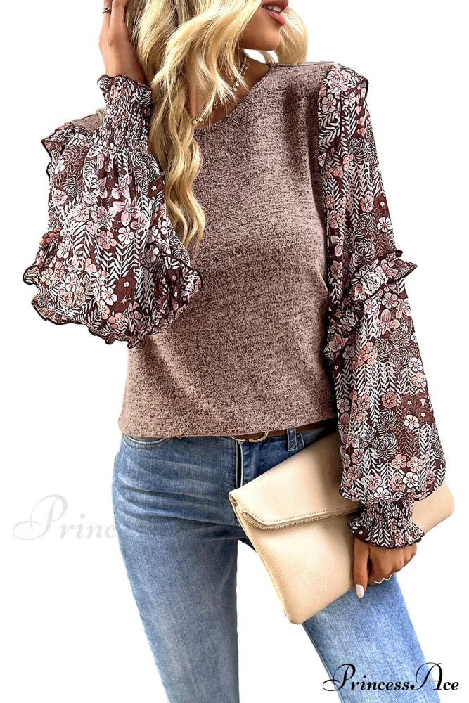 Arm Flowered Blouse Tiered Neck Pale Ruffle Crew In Chestnut Tops