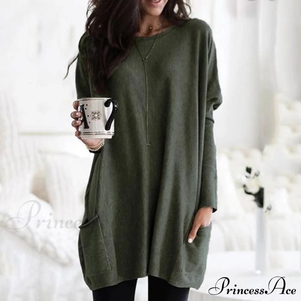 Women Long Sleeve Top Casual Pocket T-Shirt Army Green __stock:50 clothes refund_fee:1200 tops