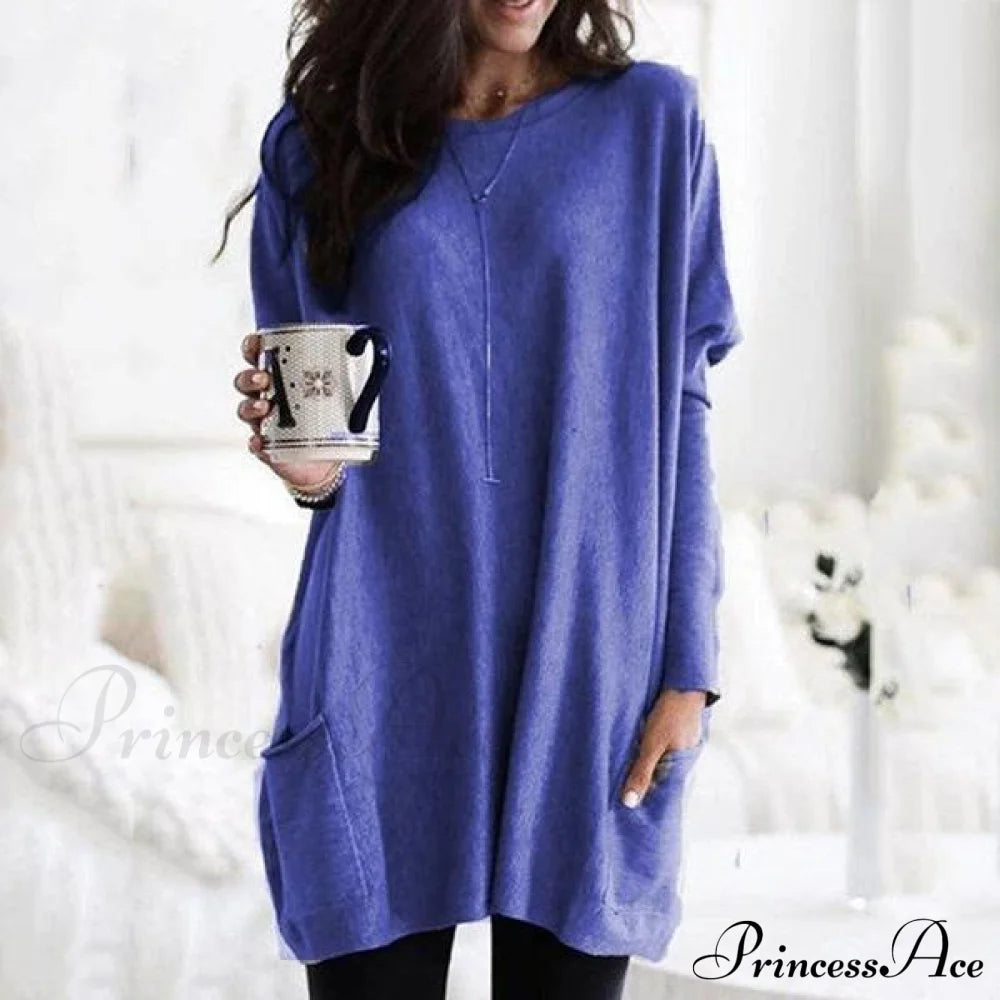 Women Long Sleeve Top Casual Pocket T-Shirt Blue __stock:50 clothes refund_fee:1200 tops