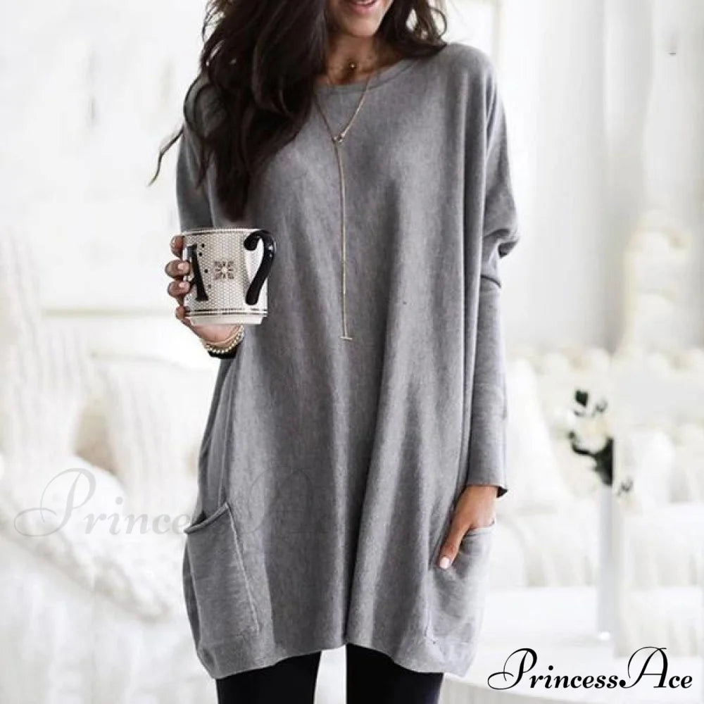 Women Long Sleeve Top Casual Pocket T-Shirt Gray __stock:50 clothes refund_fee:1200 tops