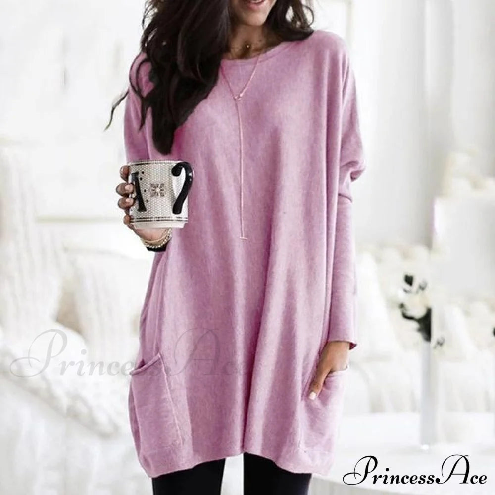 Women Long Sleeve Top Casual Pocket T-Shirt Pink __stock:50 clothes refund_fee:1200 tops