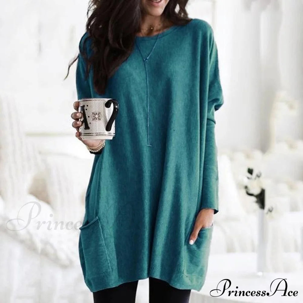 Women Long Sleeve Top Casual Pocket T-Shirt Teal __stock:50 clothes refund_fee:1200 tops